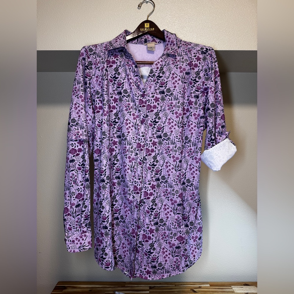 Duluth‎ Trading S Floral Button Down Shirt Tunic Purple Roll-Snap Sleeve